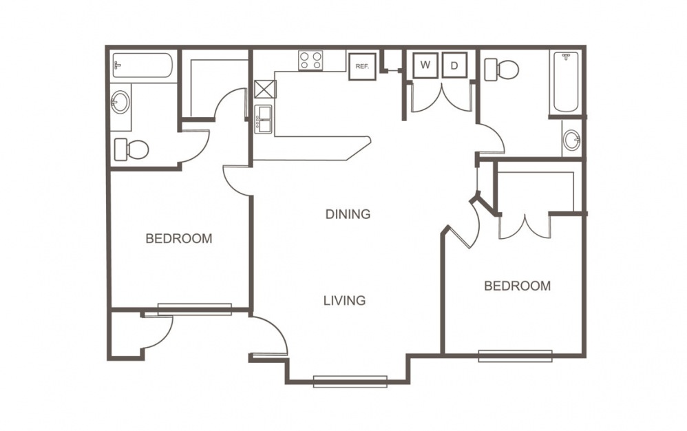 B - 2 bedroom floorplan layout with 2 bath and 972 square feet (1st floor 2D)